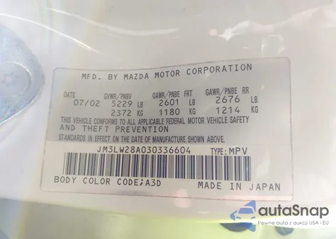 2003 Mazda Mpv Es/Lx/Lx-Sv z USA, uszkodzony, nr VIN JM3LW28A030336604